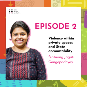 A patchwork background with a white square in the centre containing the guest, Jagriti's photo, the title of the episode and the name of the guest.